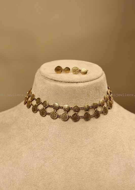Antique Double-Layer Kasu Coin Choker Set with Matching Studs -Indira