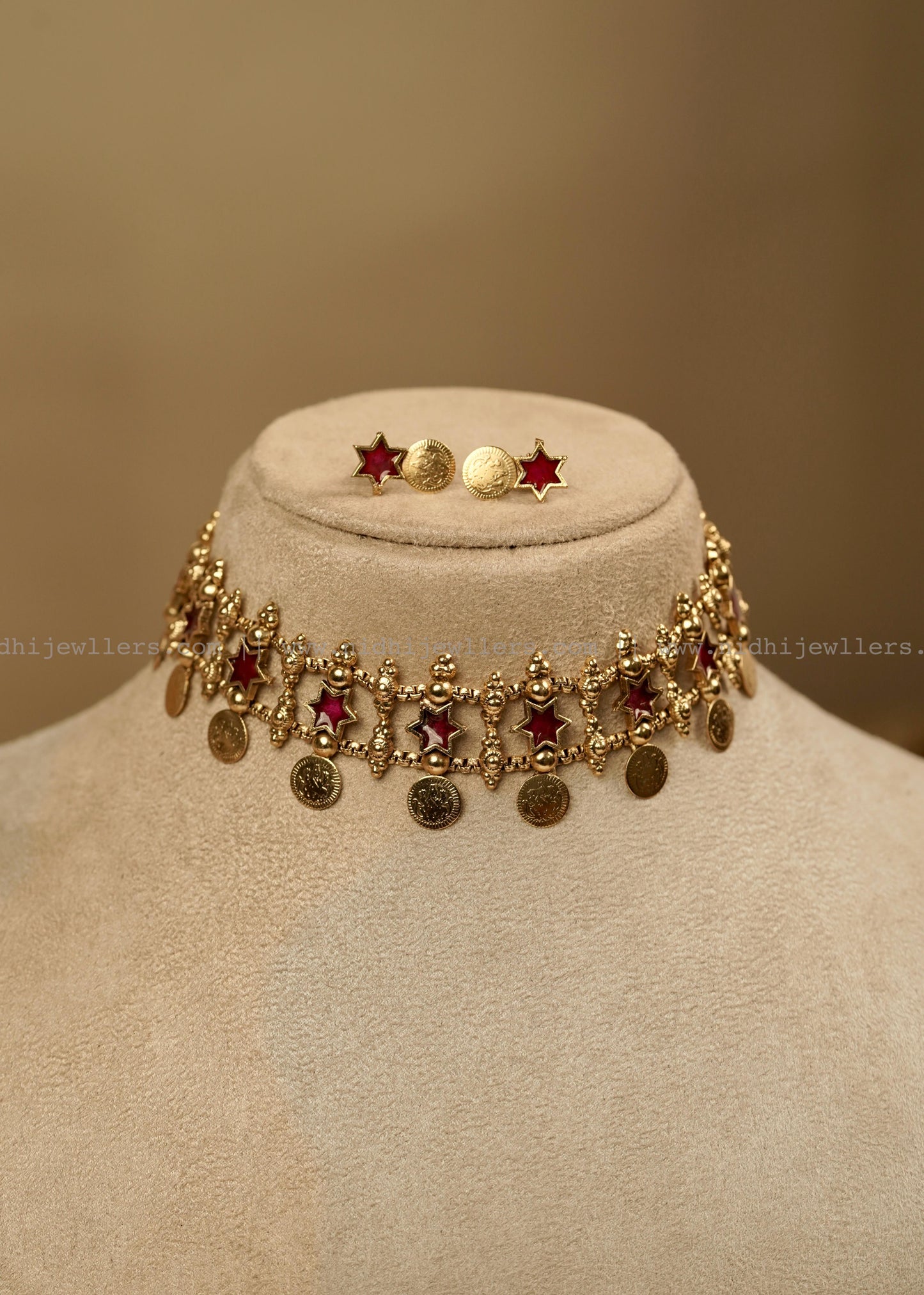 Antique Pink Star and Kasu Fusion Choker Set with Matching Earrings- Tarika
