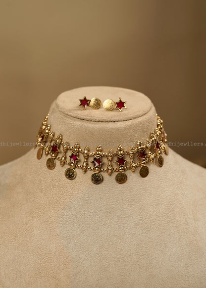Antique Pink Star and Kasu Fusion Choker Set with Matching Earrings- Tarika