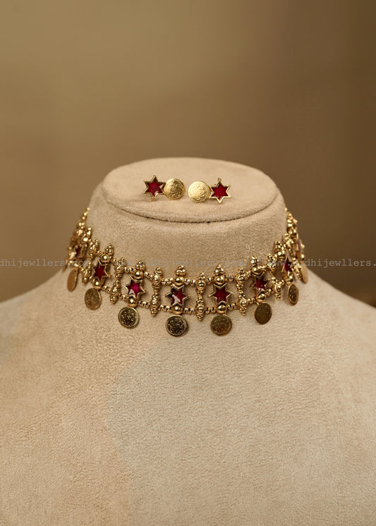 Antique Pink Star and Kasu Fusion Choker Set with Matching Earrings- Tarika
