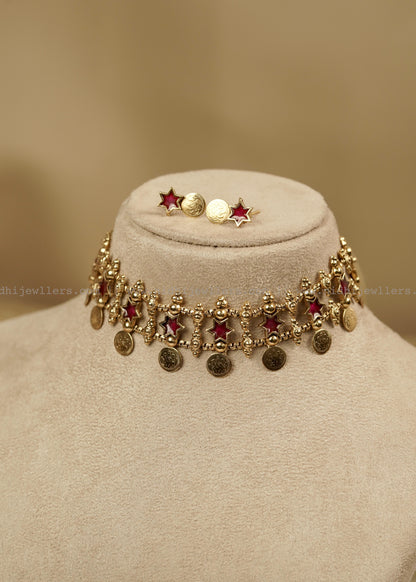 Antique Pink Star and Kasu Fusion Choker Set with Matching Earrings- Tarika