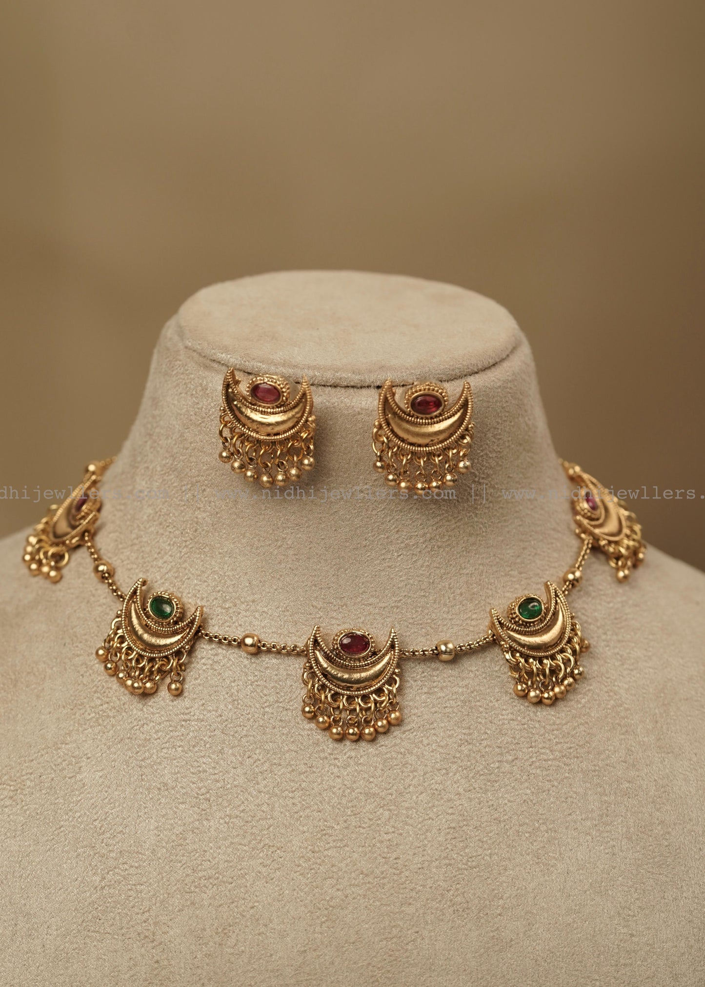 Antique Spaced Half Moon - Chandbali Station Choker Set with Matching Earrings - Charu