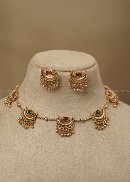 Antique Spaced Half Moon - Chandbali Station Choker Set with Matching Earrings - Charu