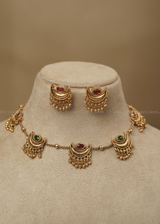 Antique Spaced Half Moon - Chandbali Station Choker Set with Matching Earrings - Charu