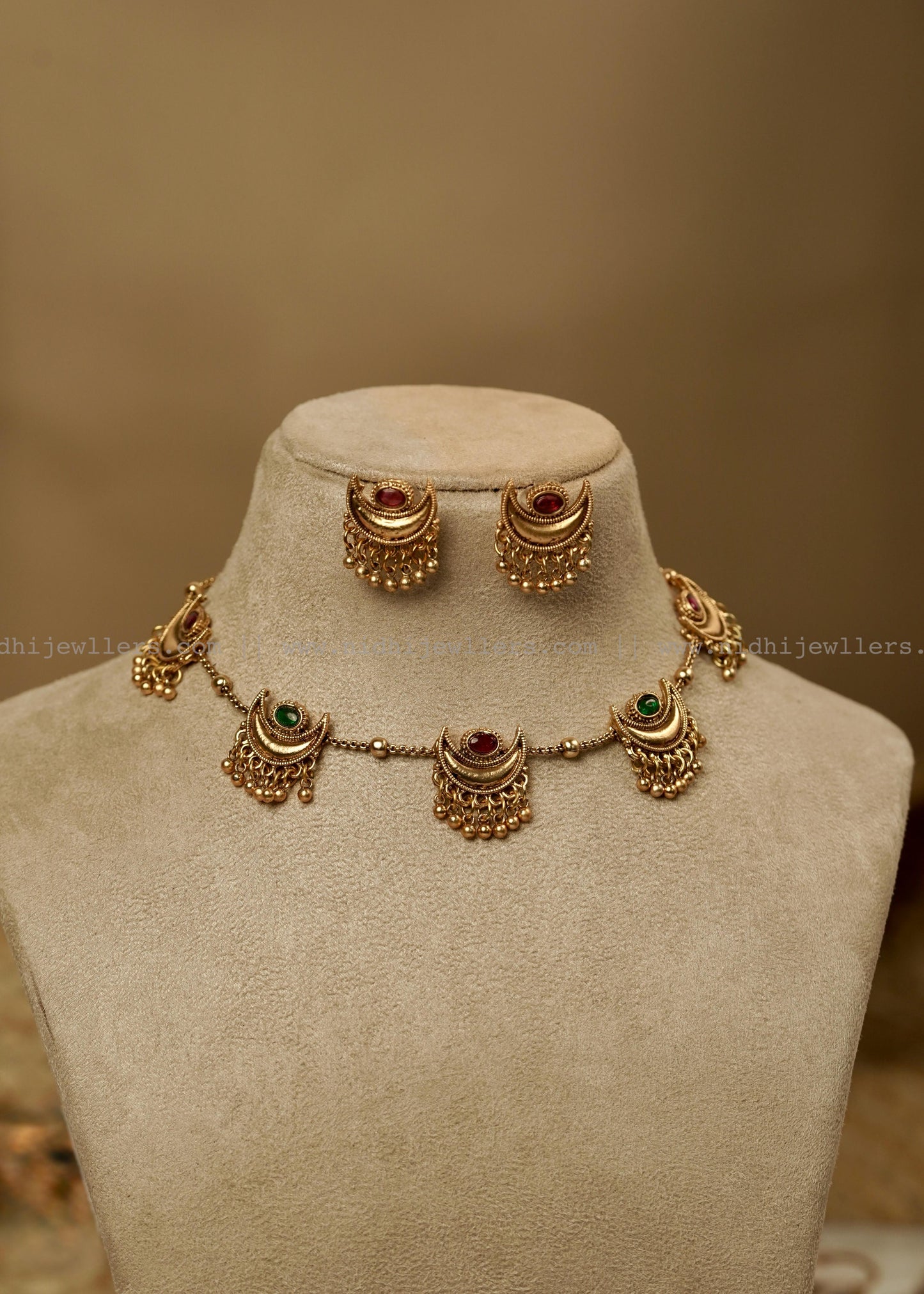Antique Spaced Half Moon - Chandbali Station Choker Set with Matching Earrings - Charu