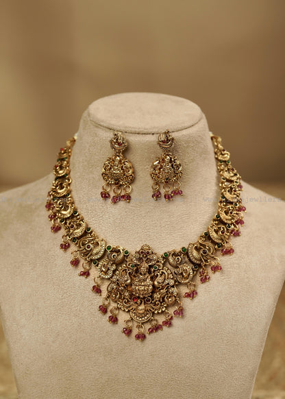 Antique Goddess Lakshmi Temple Choker Set with Matching Earrings- Devika