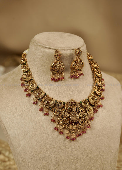 Antique Goddess Lakshmi Temple Choker Set with Matching Earrings- Devika