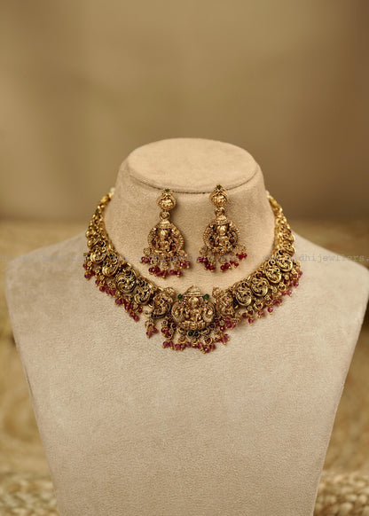 Antique Goddess Lakshmi Temple Choker Set with Matching Dangle Earrings- Bhargavi