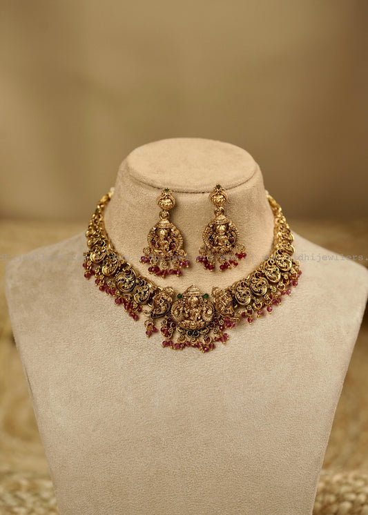 Antique Goddess Lakshmi Temple Choker Set with Matching Dangle Earrings- Bhargavi