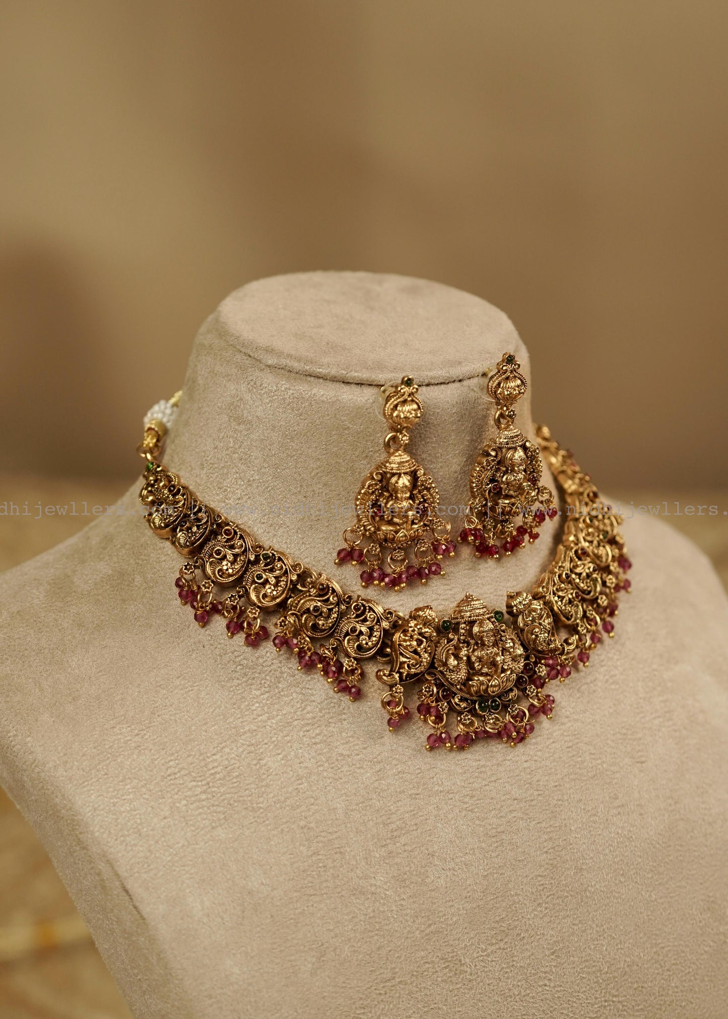 Antique Goddess Lakshmi Temple Choker Set with Matching Dangle Earrings- Bhargavi