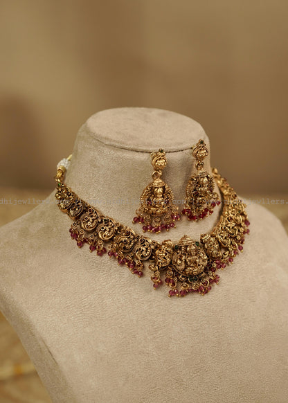 Antique Goddess Lakshmi Temple Choker Set with Matching Dangle Earrings- Bhargavi