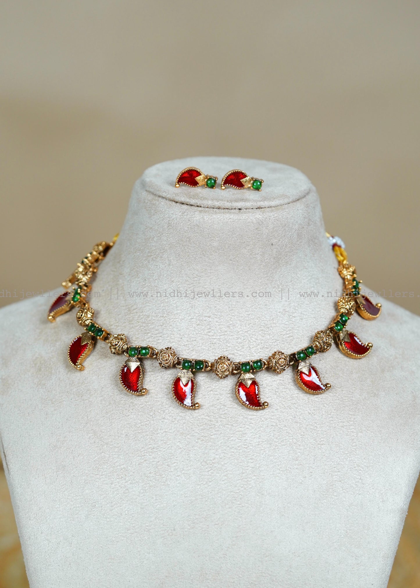 Antique Palakka-Style Ruby Manga Necklace Set with Matching Studs