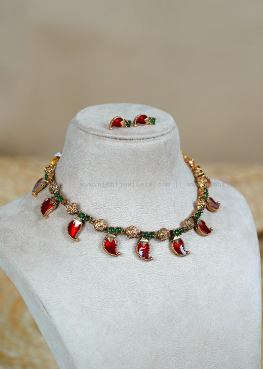 Antique Palakka-Style Ruby Manga Necklace Set with Matching Studs
