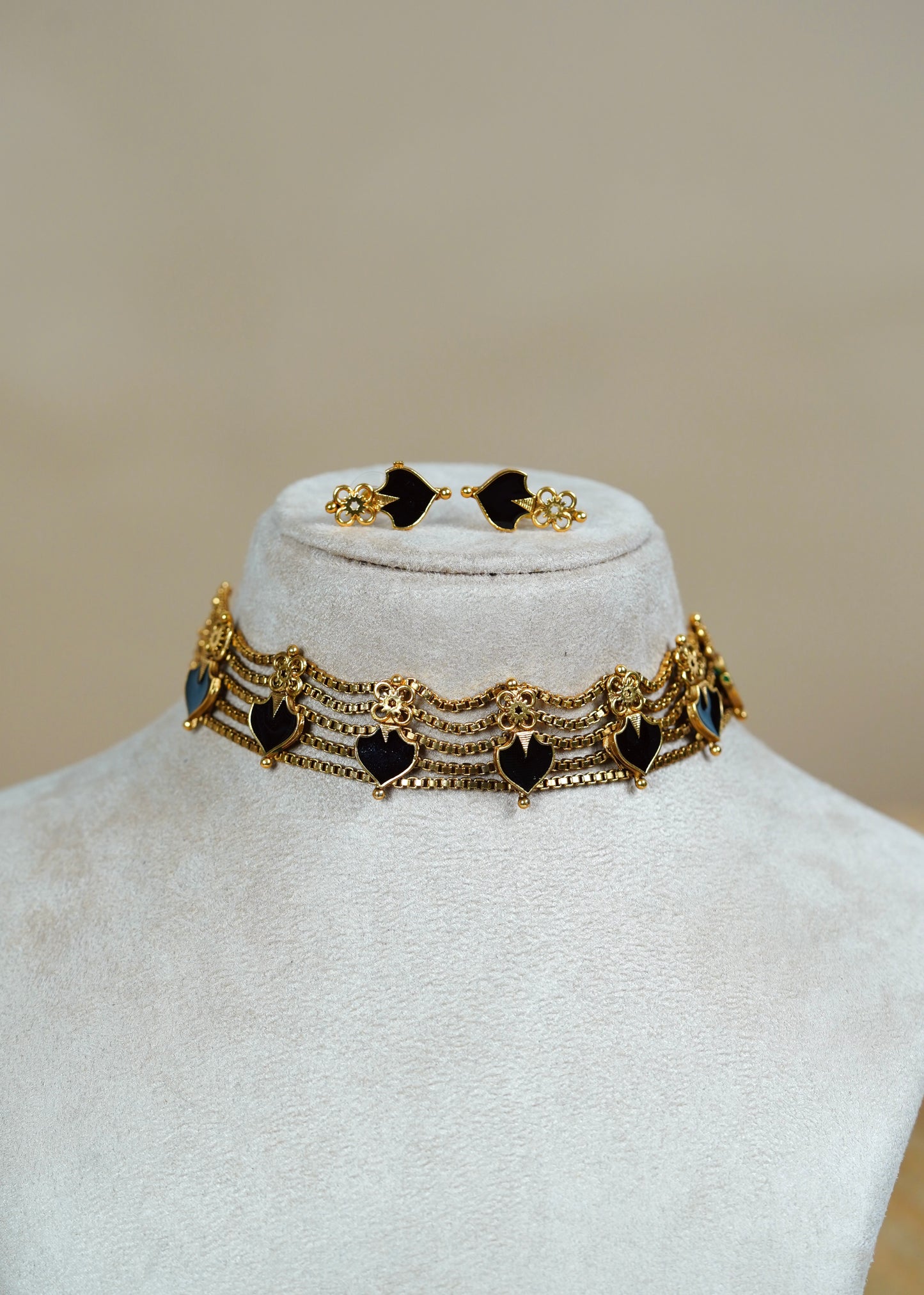 Black Enamel Multi-Strand Choker Set with Matching Studs