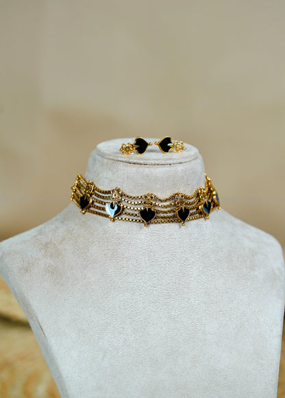 Black Enamel Multi-Strand Choker Set with Matching Studs
