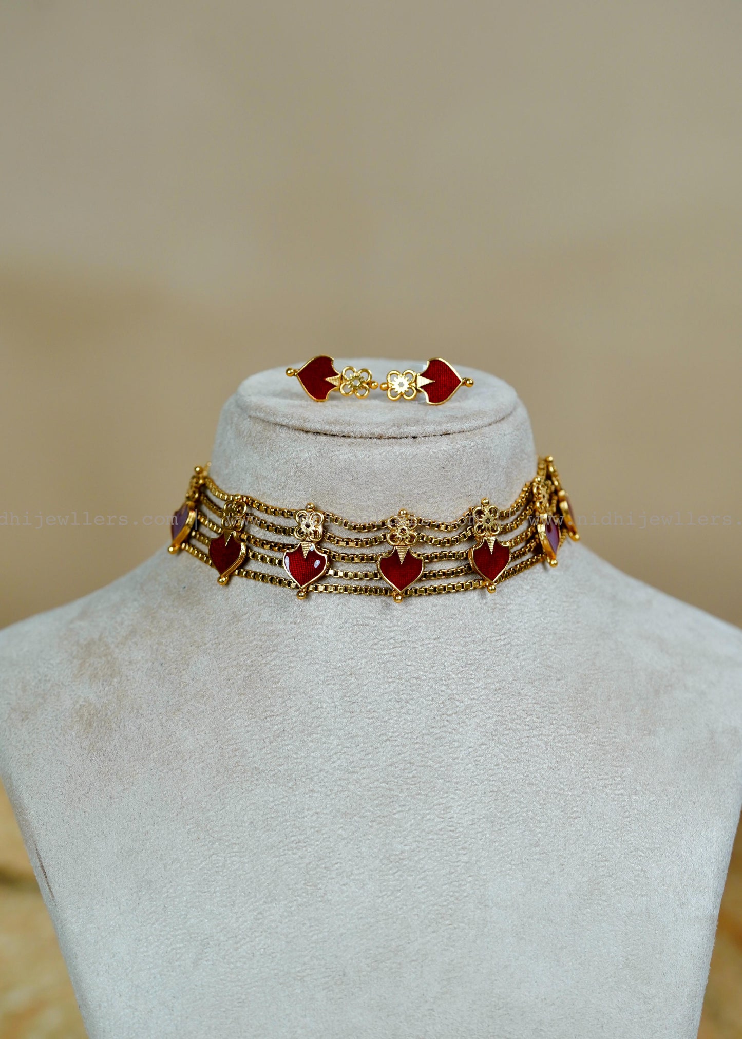 Maroon Enamel Multi-Strand Choker Set with Matching Studs