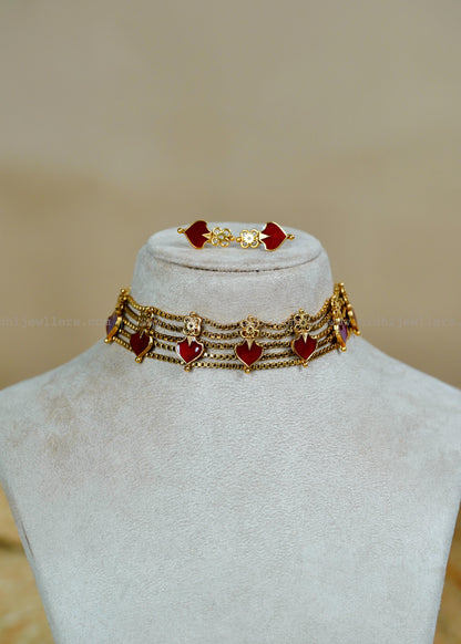 Maroon Enamel Multi-Strand Choker Set with Matching Studs
