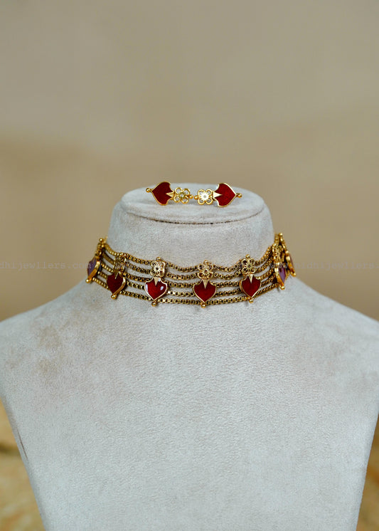 Maroon Enamel Multi-Strand Choker Set with Matching Studs