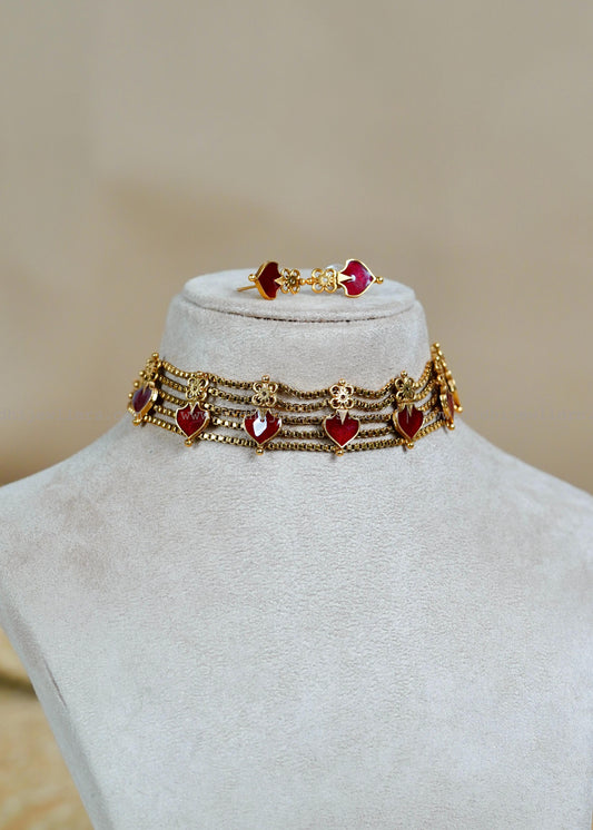 Maroon Enamel Multi-Strand Choker Set with Matching Studs