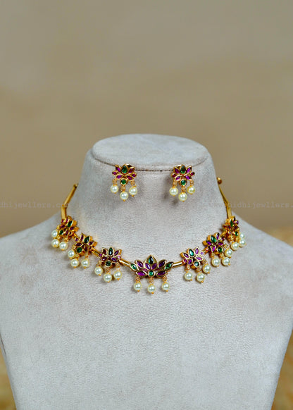 Premium Antique Kemp Lotus Motif Choker Set with Pearl Drops -Kamalini