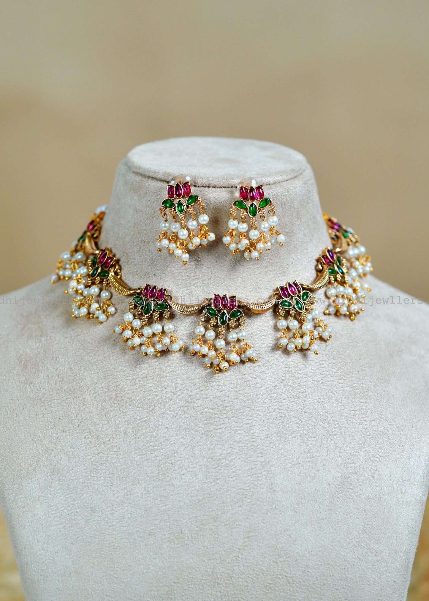 Antique Kemp Lotus Guttapusalu Choker Set with Pearl Clusters - Pankaja