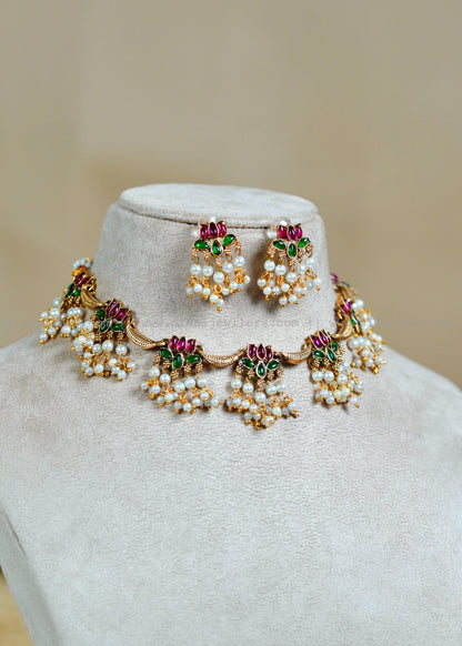 Antique Kemp Lotus Guttapusalu Choker Set with Pearl Clusters - Pankaja