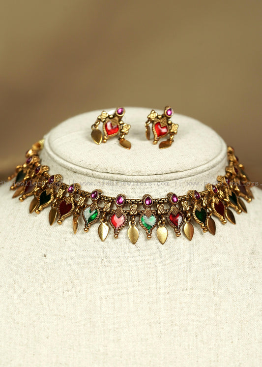 Affordable Antique Palakka Elakkathali Fusion Choker Set -Multi colour