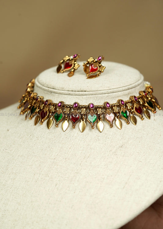 Affordable Antique Palakka Elakkathali Fusion Choker Set -Multi colour