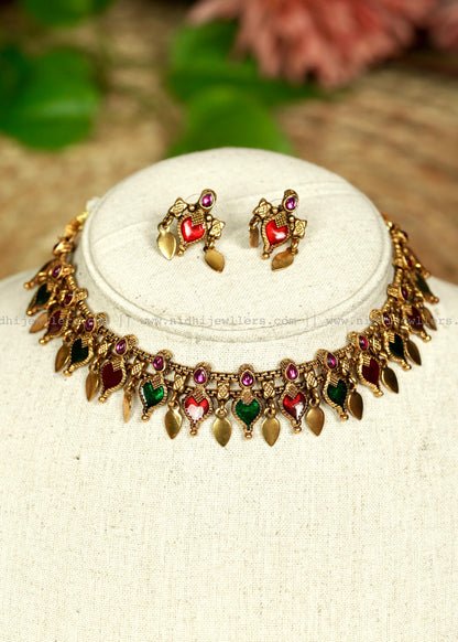 Affordable Antique Palakka Elakkathali Fusion Choker Set -Multi colour