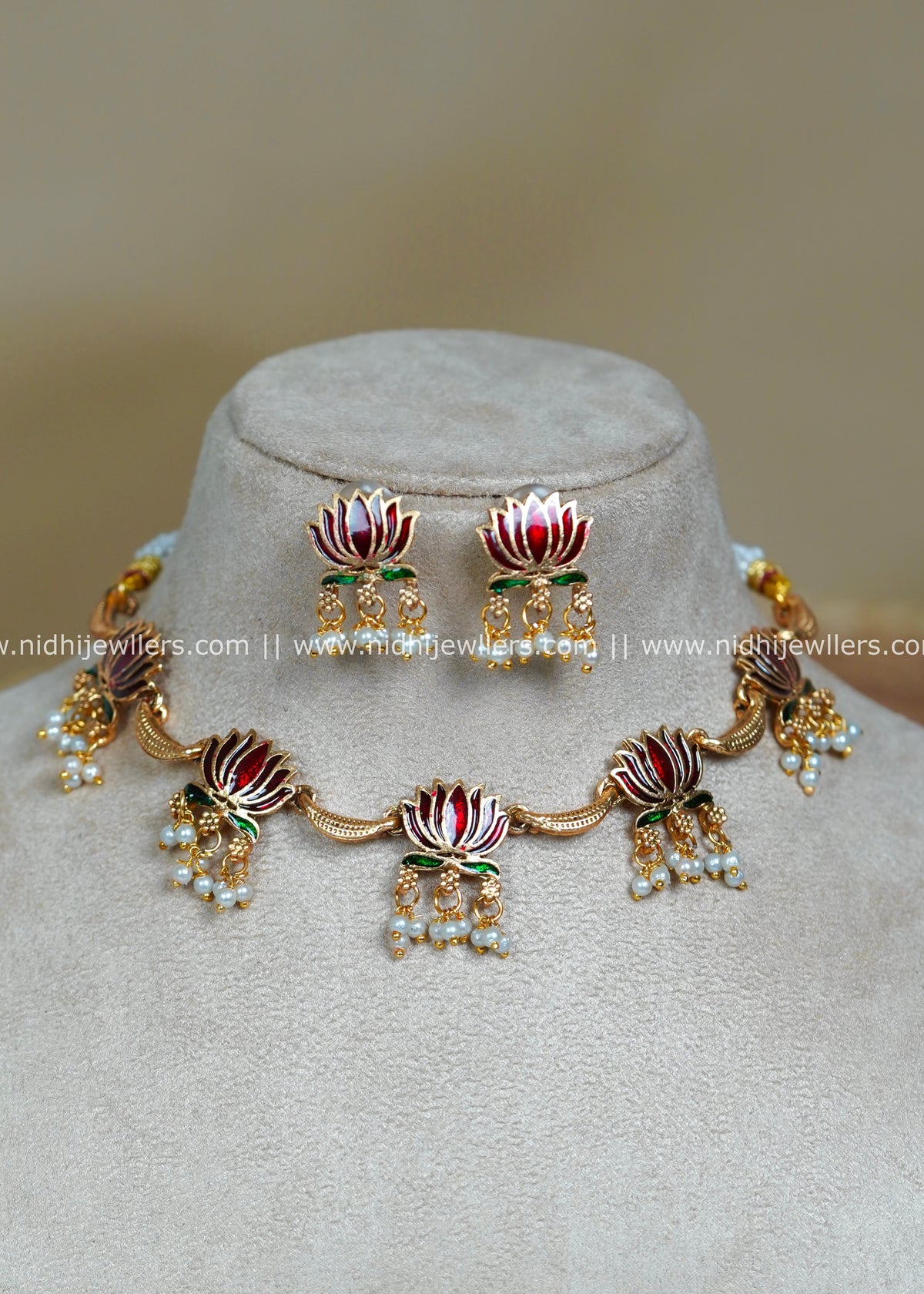 Premium Antique Enamel Lotus Choker Set with Pearl Droplets -Padma