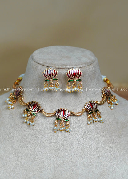 Premium Antique Enamel Lotus Choker Set with Pearl Droplets -Padma