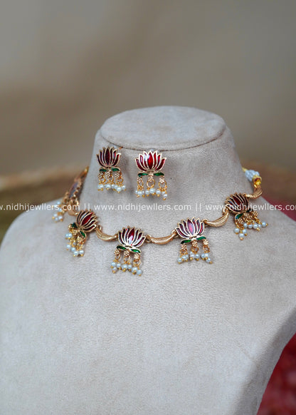 Premium Antique Enamel Lotus Choker Set with Pearl Droplets -Padma