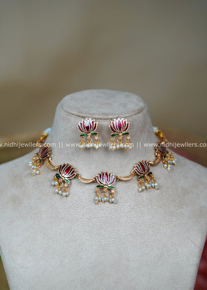 Premium Antique Enamel Lotus Choker Set with Pearl Droplets -Padma