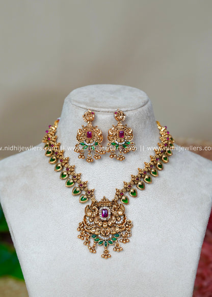 Antique Palakka Leaf and Grand Temple Pendant Haram Set with Dangle Earrings - Devika