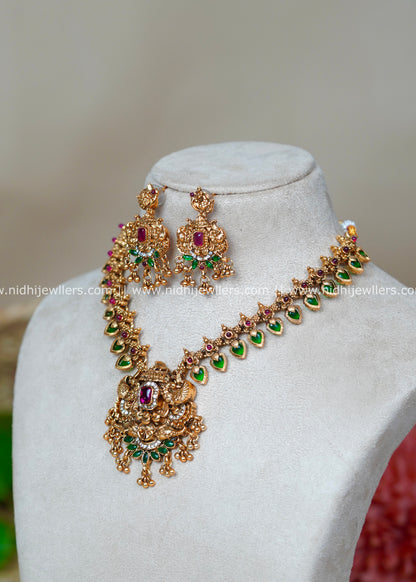 Antique Palakka Leaf and Grand Temple Pendant Haram Set with Dangle Earrings - Devika