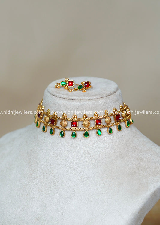 Antique Kasu and Palakka Leaf Fusion Choker Set with Matching Studs-Avani