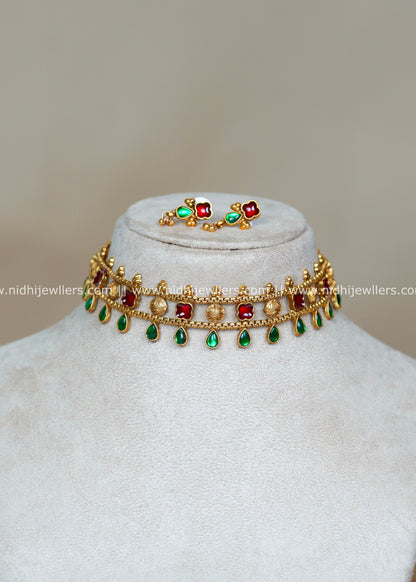 Antique Kasu and Palakka Leaf Fusion Choker Set with Matching Studs-Avani