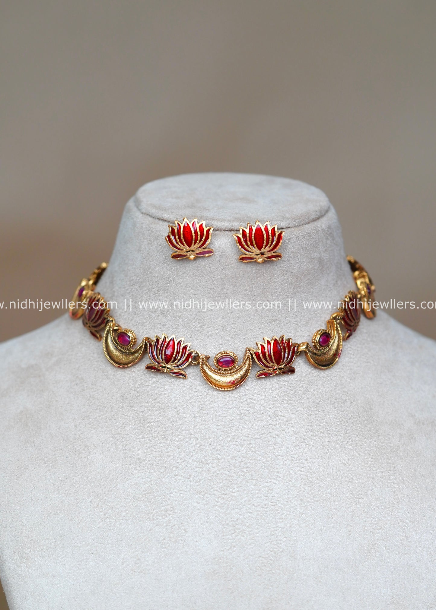 Antique Red Enamel Lotus and Crescent Choker Set with Matching Studs-Charvi
