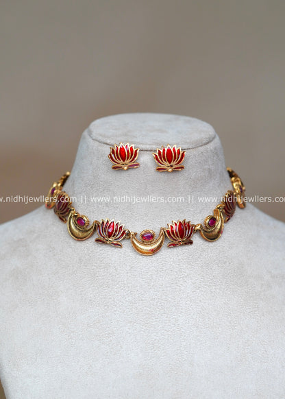 Antique Red Enamel Lotus and Crescent Choker Set with Matching Studs-Charvi