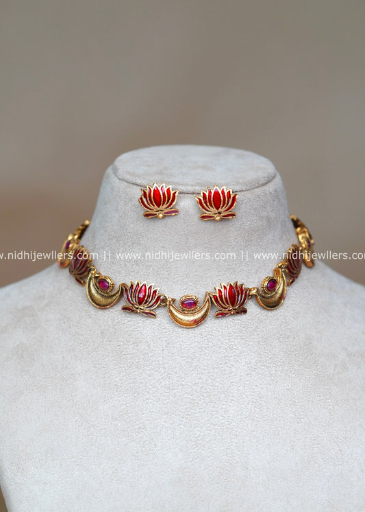 Antique Red Enamel Lotus and Crescent Choker Set with Matching Studs-Charvi