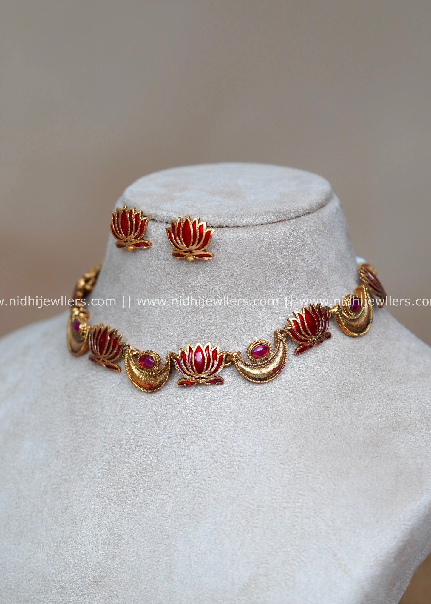 Antique Red Enamel Lotus and Crescent Choker Set with Matching Studs-Charvi