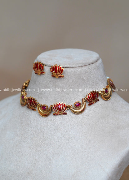 Antique Red Enamel Lotus and Crescent Choker Set with Matching Studs-Charvi