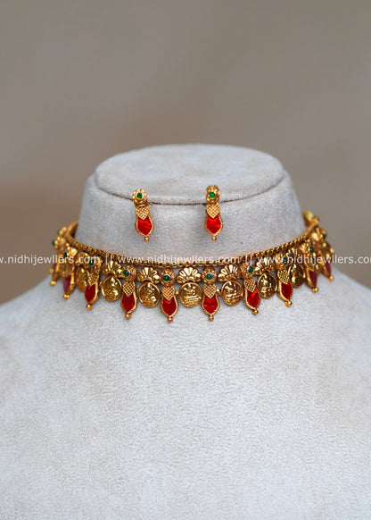 Antique Goddess Lakshmi Kasu and Palakka Fusion Choker Set with Studs-Revathi