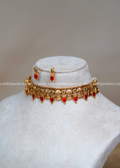 Antique Goddess Lakshmi Kasu and Palakka Fusion Choker Set with Studs-Revathi