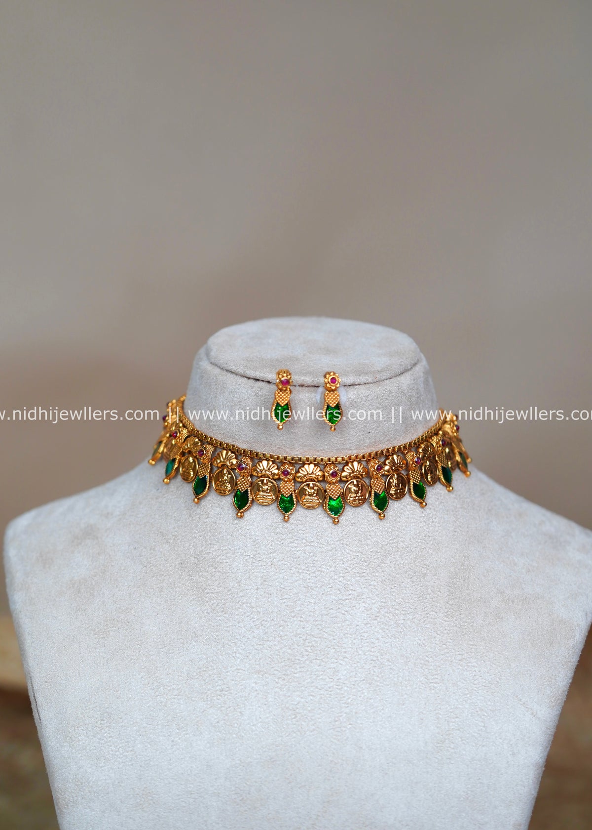 Antique Goddess Lakshmi Kasu and Green Palakka Fusion Choker Set with Studs-Revathi  -Green