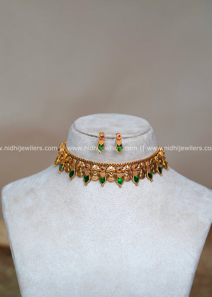 Antique Goddess Lakshmi Kasu and Green Palakka Fusion Choker Set with Studs-Revathi  -Green