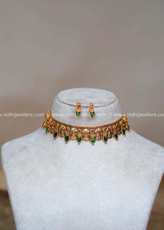Antique Goddess Lakshmi Kasu and Green Palakka Fusion Choker Set with Studs-Revathi  -Green