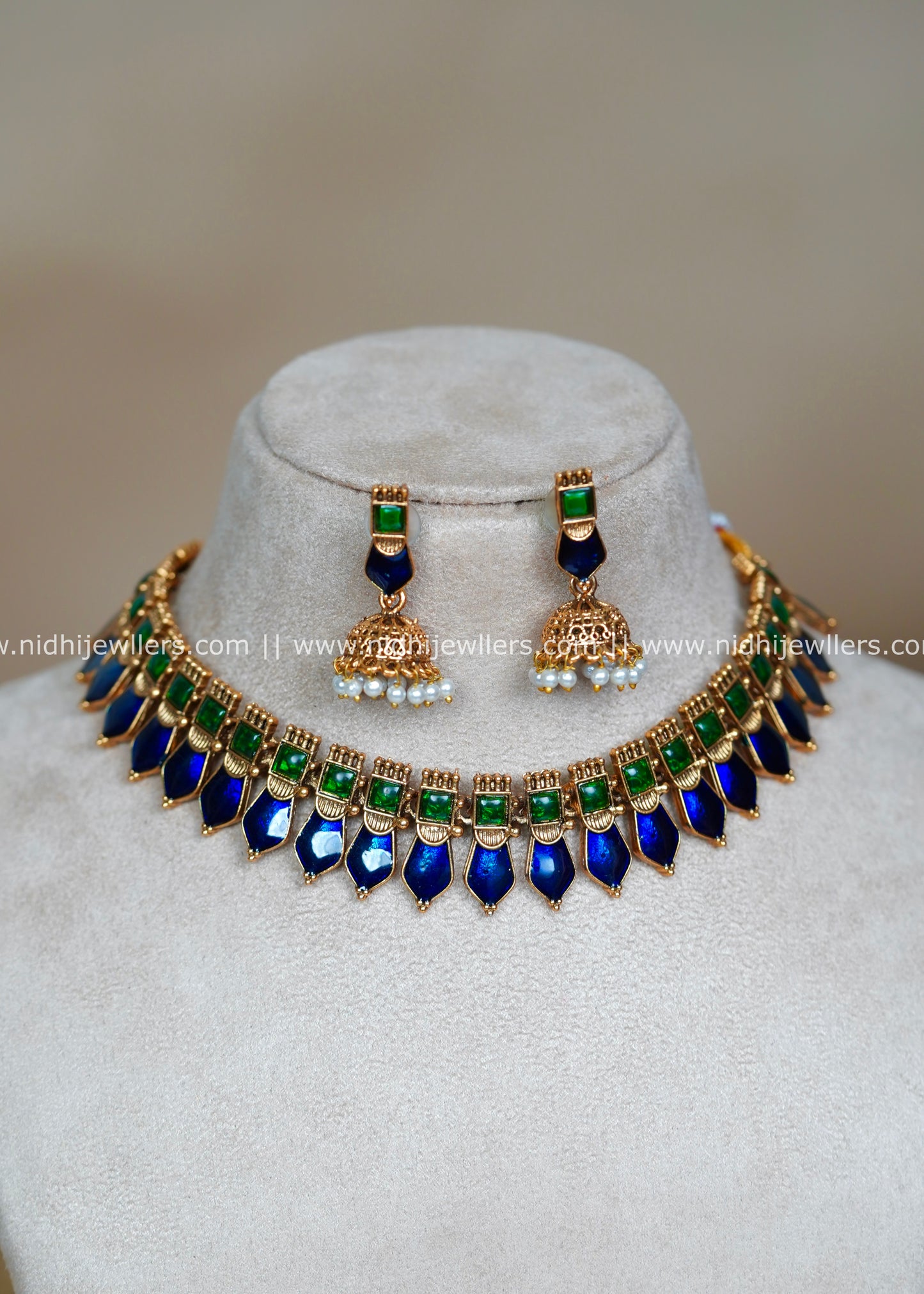 Antique Royal Blue and Green Palakka Necklace Set with Matching Jhumkas-Kavyanjali (Blue)