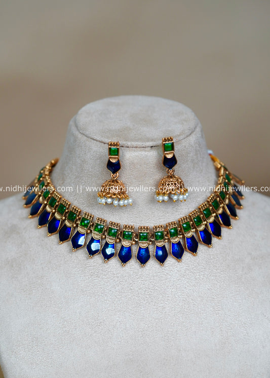 Antique Royal Blue and Green Palakka Necklace Set with Matching Jhumkas-Kavyanjali (Blue)