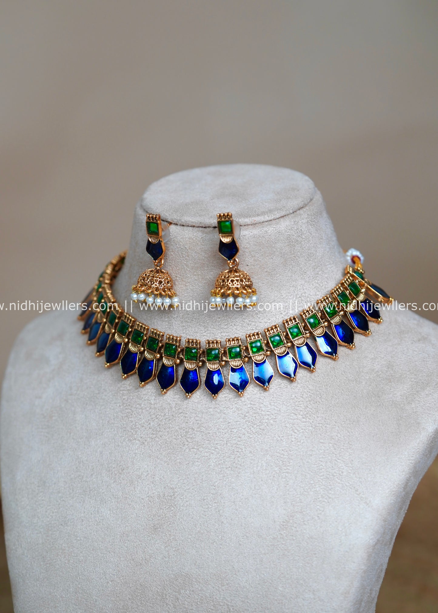 Antique Royal Blue and Green Palakka Necklace Set with Matching Jhumkas-Kavyanjali (Blue)